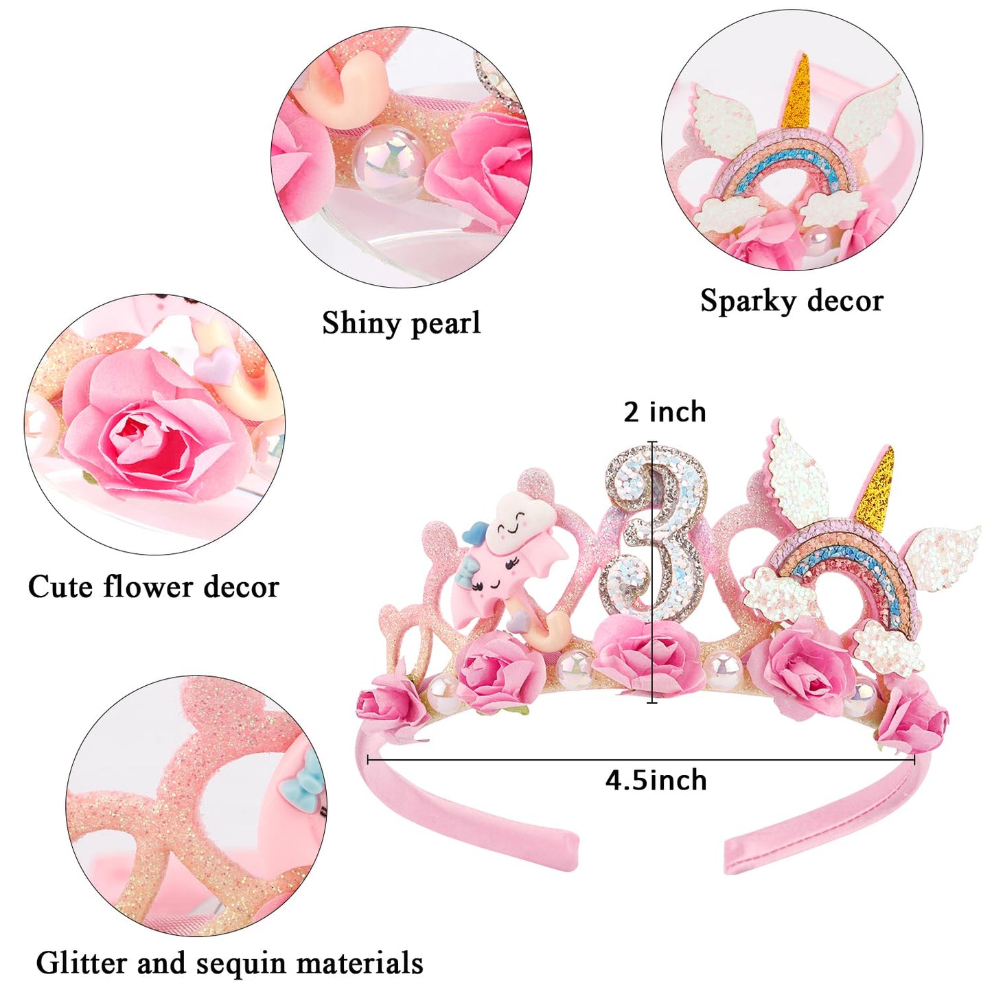 SuPoo 3rd Birthday Headband Flower Crown for Girls Princess Tiara Decorations Hair Band Cute 3 Year Old Party Accessory