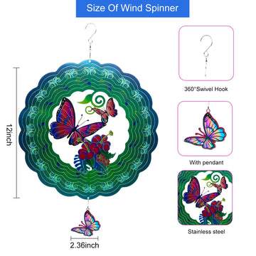 Butterfly Metal Wind Spinners, Butterfly Gifts For Women Mom Grandma Wife Men, 12 Inch 3D Stainless Steel Hanging Wind Spinner F