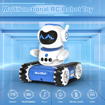 Allcele Led Rc Robot Toys, Rc Robot For Boys And Girls With Walkie Talkie, Programming, Music, Demo And Led Function, Remote Control Robot Toy, Gift For Kids 3-8 Years Old Blue White