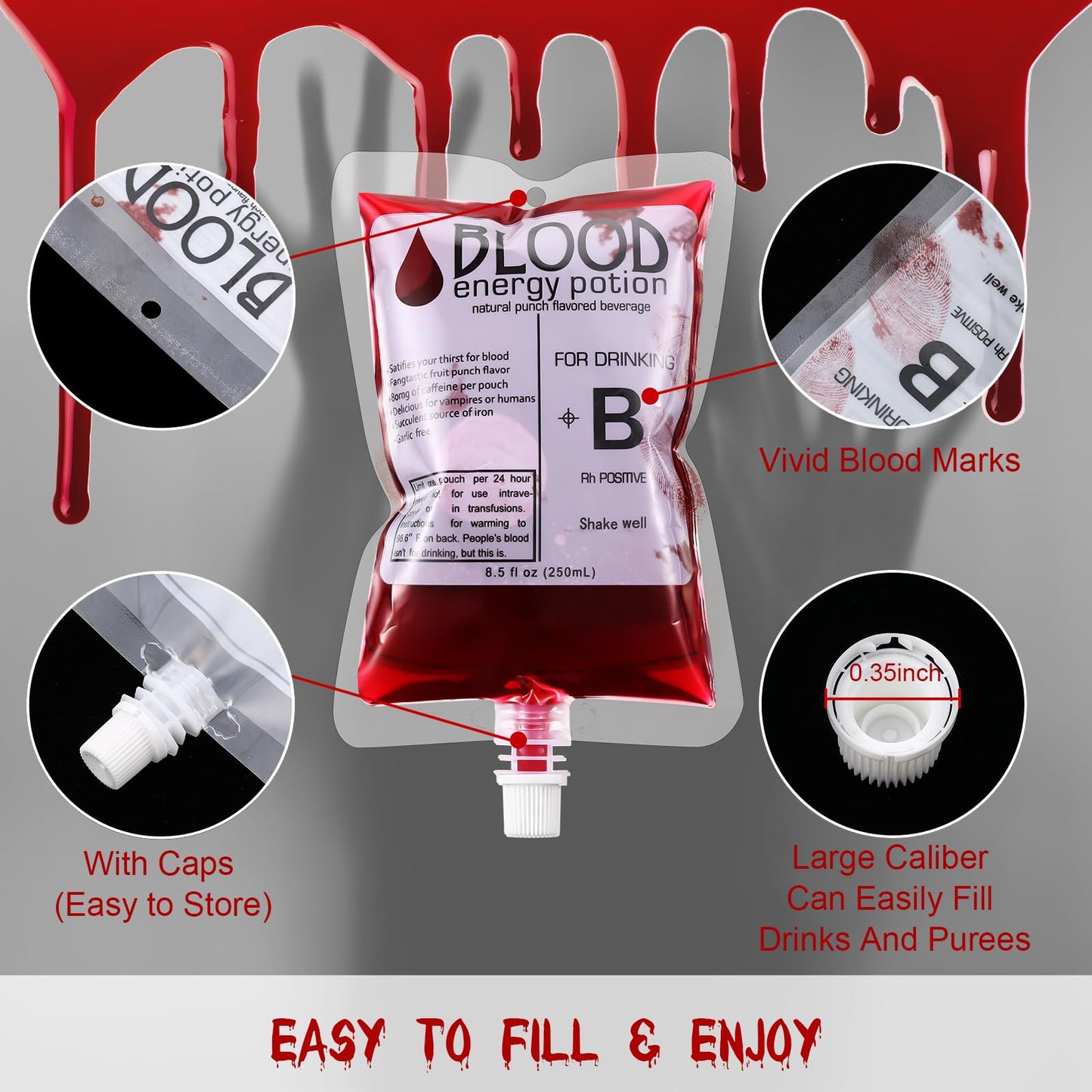 Nuenen 200 Pcs Halloween Blood Bags For Drinking, Vampire Party Drinking Pouches, Juice Puree Bag Reusable Energy Drink Containe