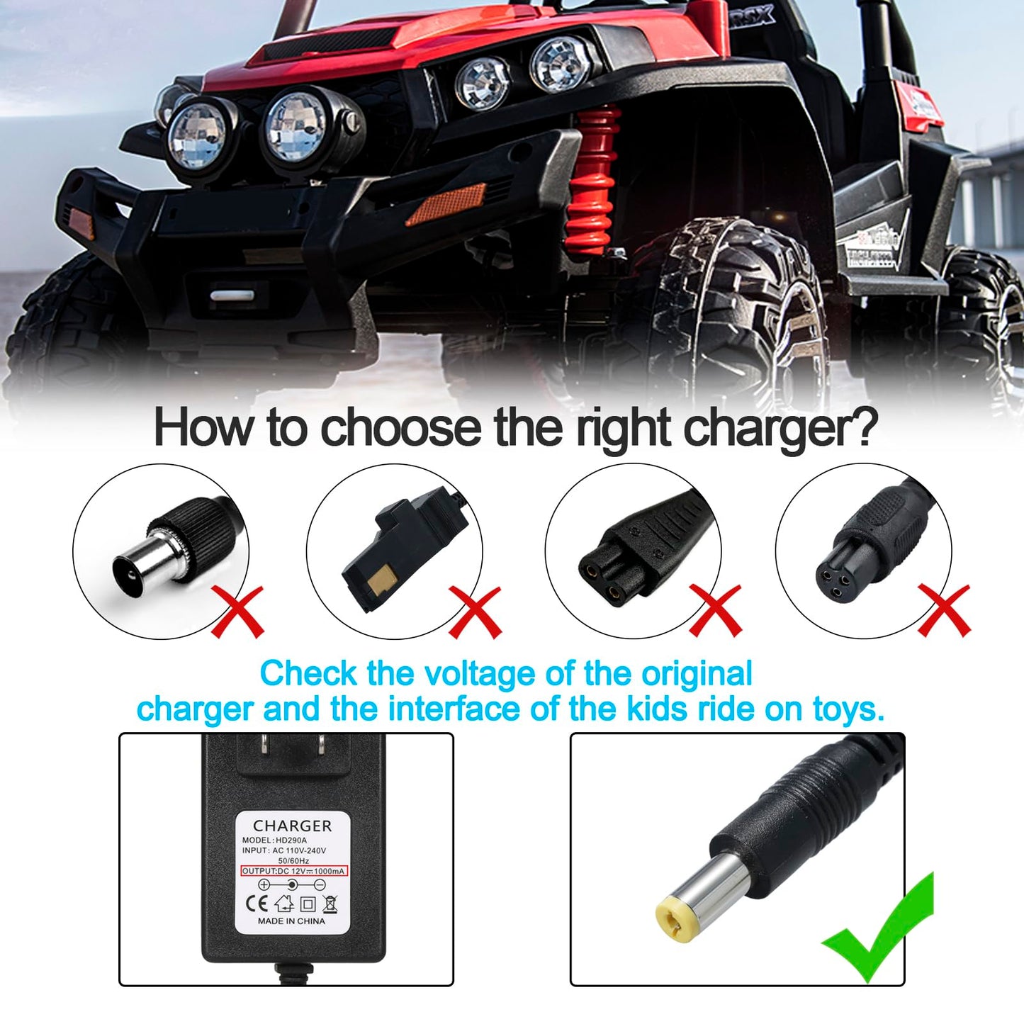 TUAGUI 12V Kids Charger for Ride-On Toys, Universal Battery Charger for Electric SUV Cars, Durable and Reliable Power Source
