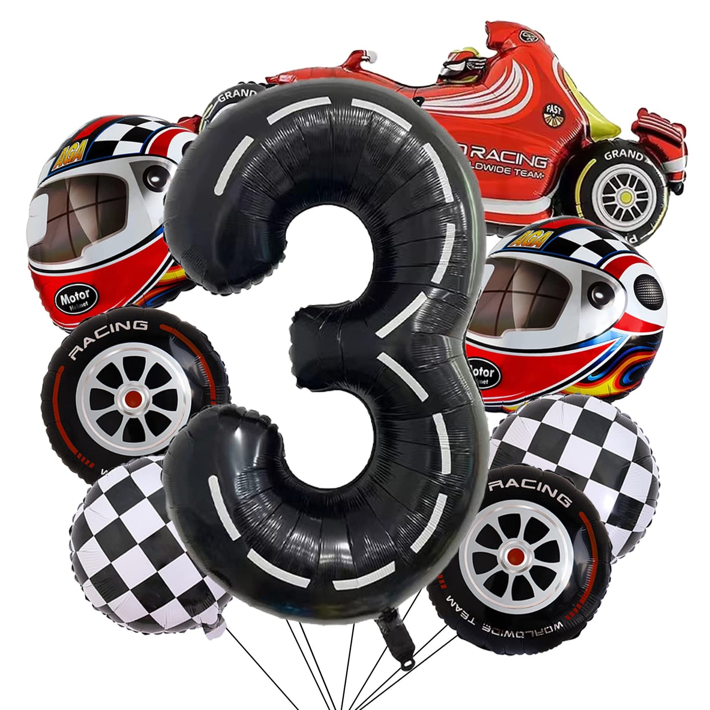 Stcomart 8 Pcs Race Car Party Decorations, Black Number 3 Balloon Checkered Balloons Tire Balloons For Boys 3Rd Birthday