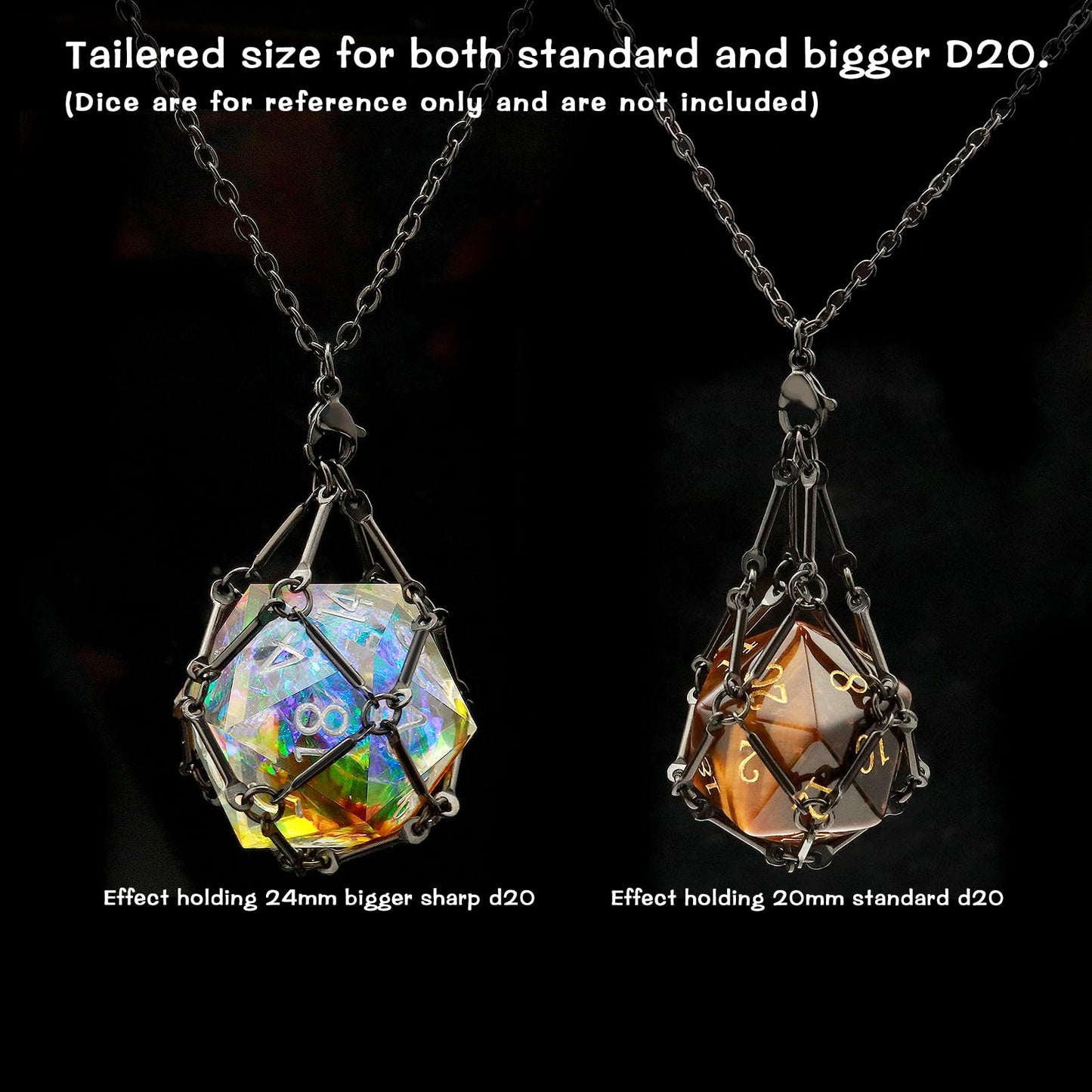 PJOY DND Dice Cage Necklace for D20 Dice Dungeons and Dragons Gamers Stainless Steel Cage Necklace DND Gifts-Black