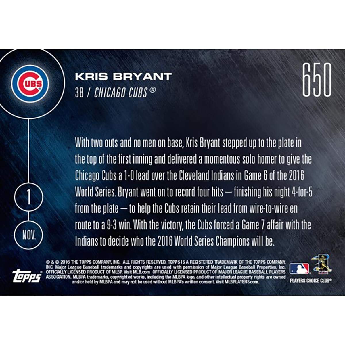 Mlb Chicago Cubs Kris Bryant #650 2016 Topps Now Trading Card