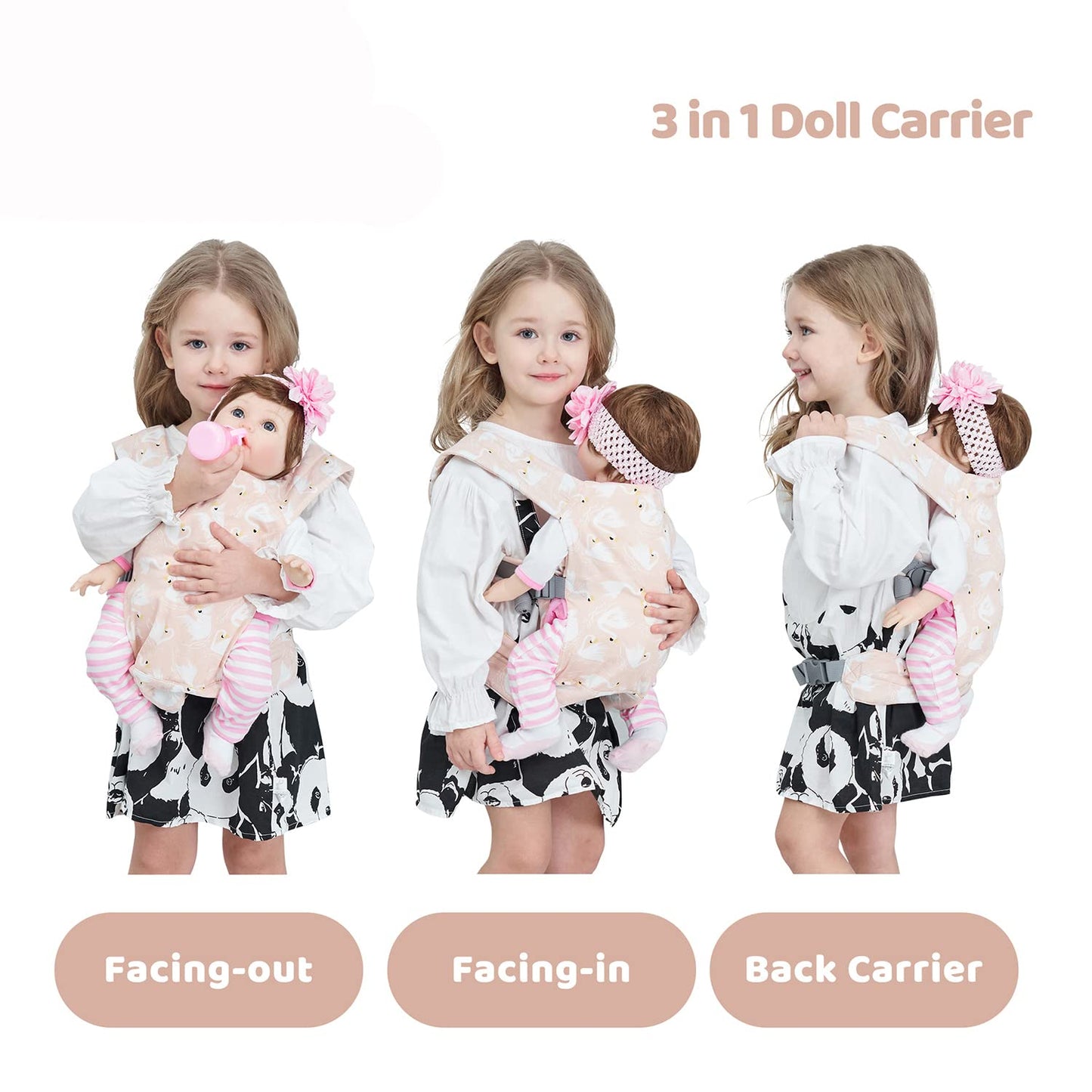 Baby Doll Carrier Front and Back Baby Doll Accessories Backpack Kid Toddlers Play Toy Baby Carriers for Babydoll Pretend with Adjustable Straps for Little Girls (Flamingo)