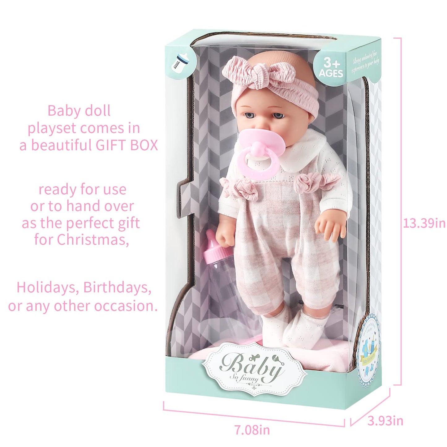 Enjoyin 12'' Baby Doll In Gift Box With Pink Cloths, Pacifier, 13''X13'' Microfabric Blanket, And Feeding Bottle. Gift Idea For Ages 3+