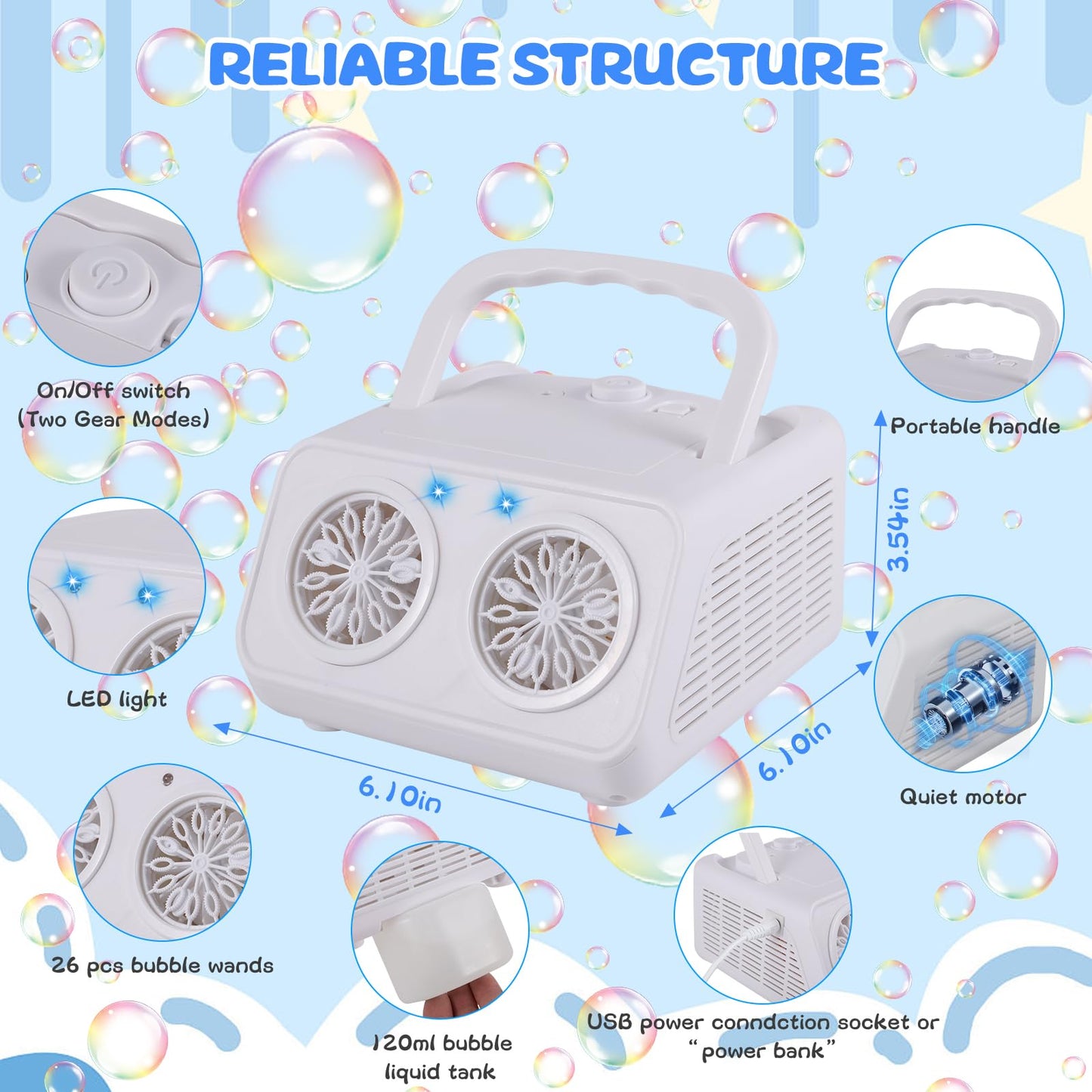 Bubble Machine, Automatic Bubble Machine For Kids 20000+ Bubbles Per Minutes, Portable Bubble Machine Battery Operated With 2 Fa