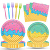 100 Pcs Ice Cream Cone Party Supplies Set, Serves 25 - Disposable Paper Plates, Napkins, and Colorful Forks, Ice Cream Themed Ta