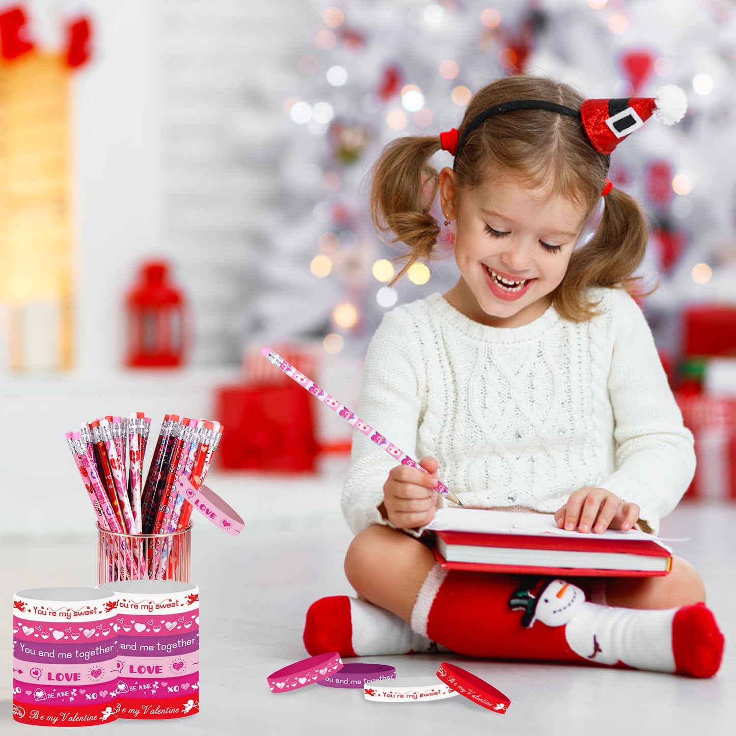 emzrivo 48Pcs Valentines Day Party Favors 24 Valentine Pencils Bulk 24 Valentine Silicone Bracelets Rubber Wristbands Valentine