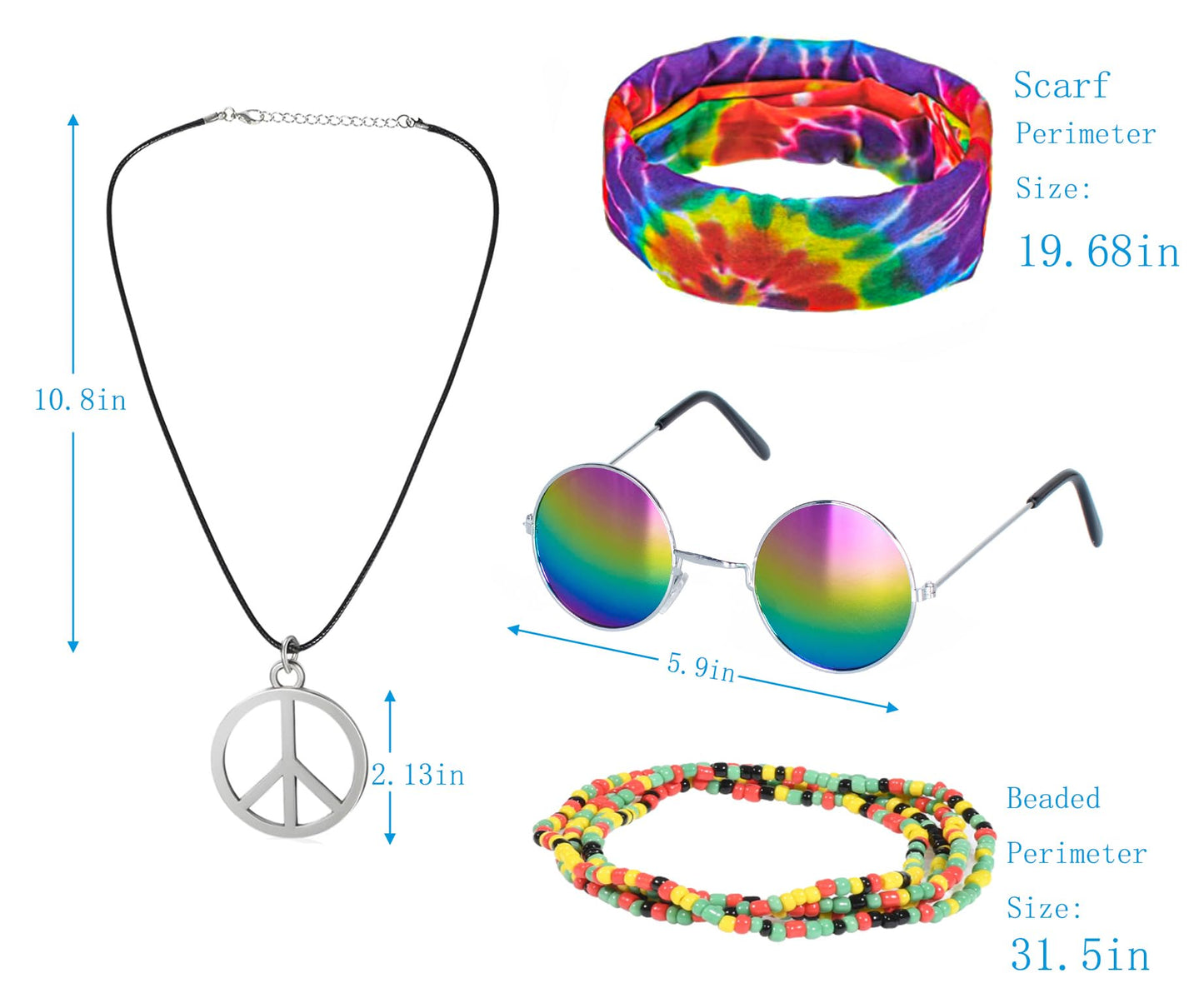 Kids Hippie Costume For Boys Girls 60S 70S T-Shirt 5Pcs Set For Halloween Party 9-10 Years Colorful