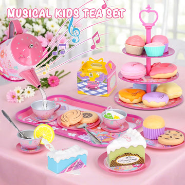 Tea Party Set for Toddles 3-5,PRE-WORLD Musical Kids Tea Set for Little Girls with Dessert,Cookies,Doughnut,Cake,Cake Stand,Tabl
