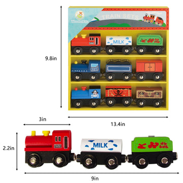Woodenedu Wooden Train Sets For Toddlers, 9 Pcs Train Toy Magnetic Sets Fits Brio, Thomas, Melissa And Doug, Kids For Boys Girls