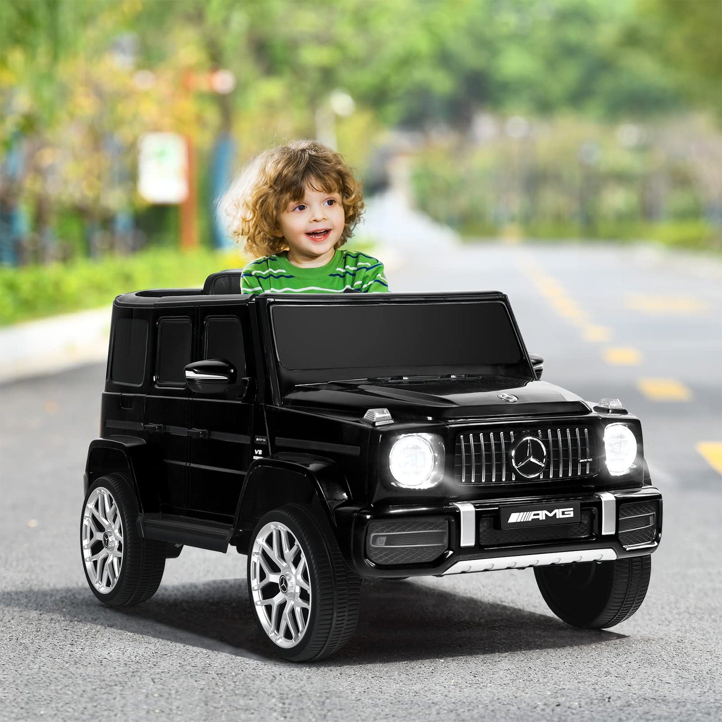 Infans Licensed Mercedes Benz G63 Kids Ride On Car, 12V Electric Vehicle With Remote Control, Double Open Doors, Music, Bluetooth, Wheels Suspension, Battery Powered For Children Boy Girl (Black)