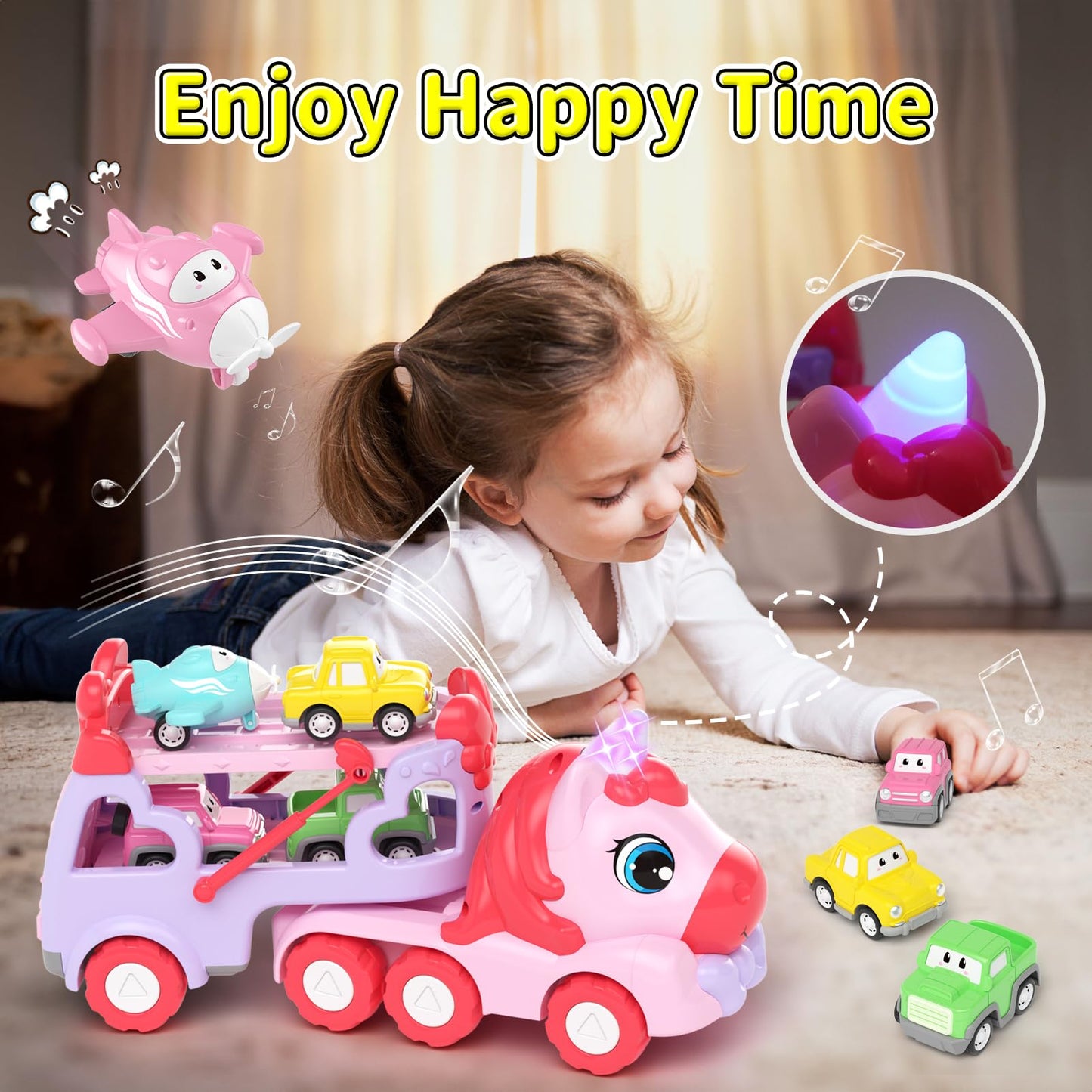 newcrave Toys for 1 2 3 Year Old Girl, 7-in-1 Unicorn Carrier Truck Toy for Girls, Toy Cars with Light & Music, Toddler Girl Toy