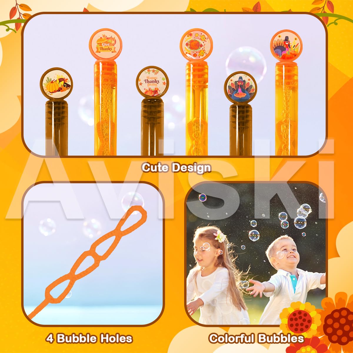 24Pack Thanksgiving Bubble Wands, Mini Bubble Wands For Fall Party Favors, Autumn Gift Toys For Girls Boys Kids Toddler Adults, Party Bag Stuffers Goodie Bag Filler, Friendsgiving Classroom Prizes
