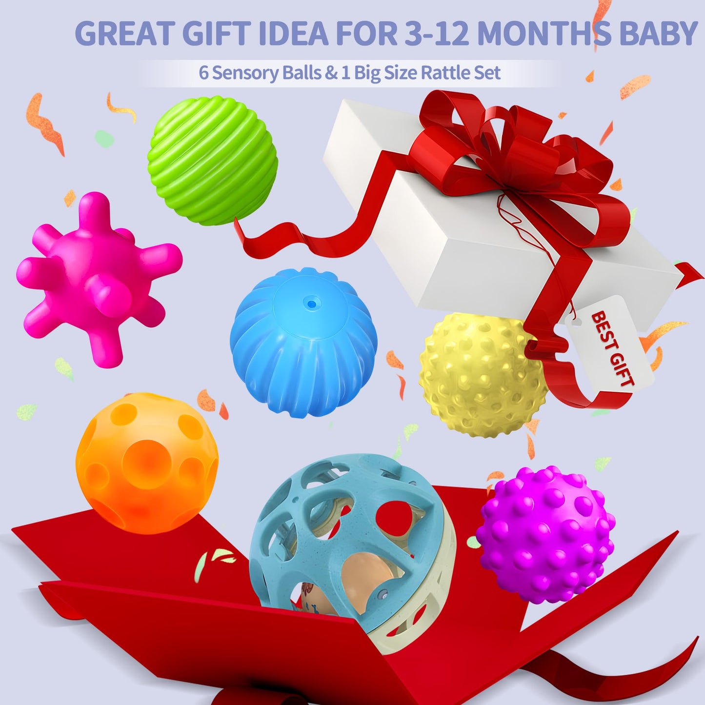 ROHSCE Sensory Toys for Babies, Montessori Textured Baby Balls and Wheat Straw Rattle, Baby Toys for 6-12 Months, Ideal Newborn