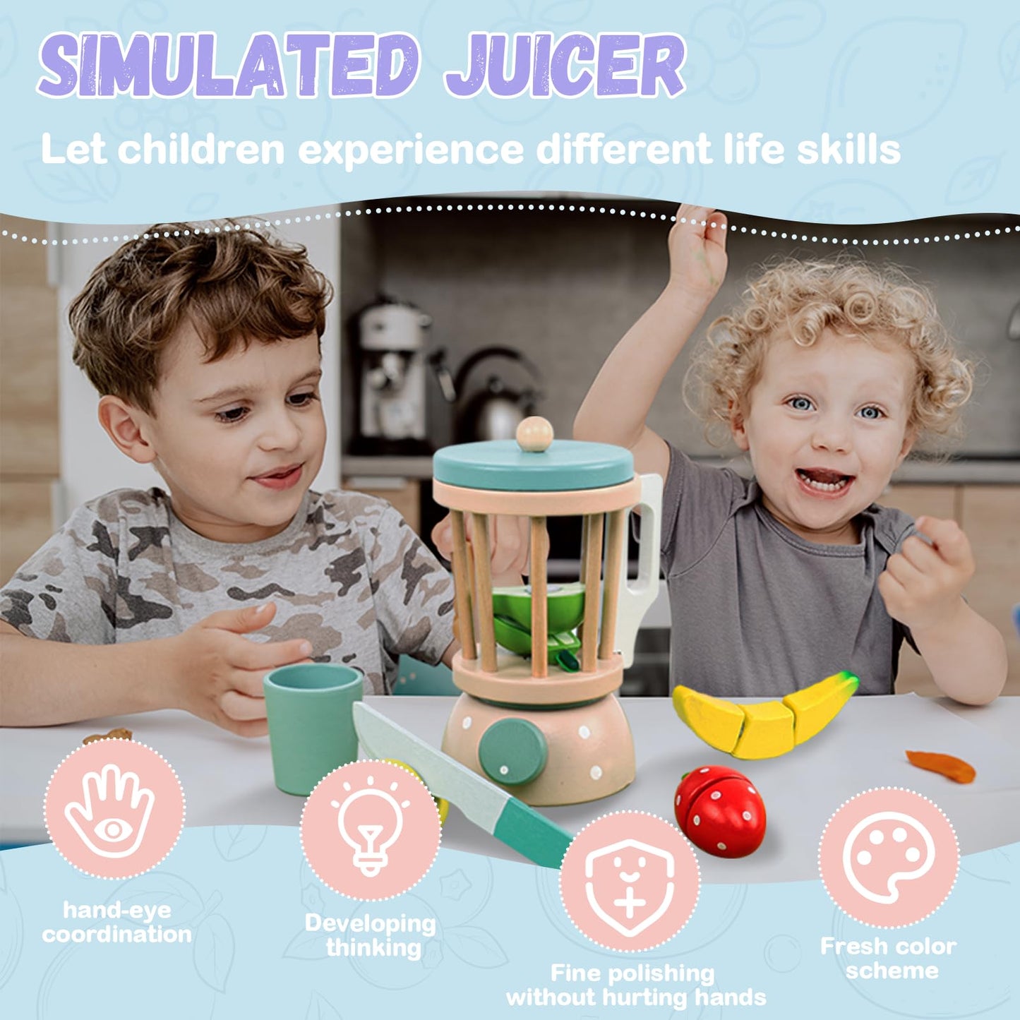 Wooden Blender Toys Play Kitchen Set For Kids-Fruit Juicer Maker Toy,Pretend Cutting Fruits Toys Mixer Food Play Kitchen Accesso