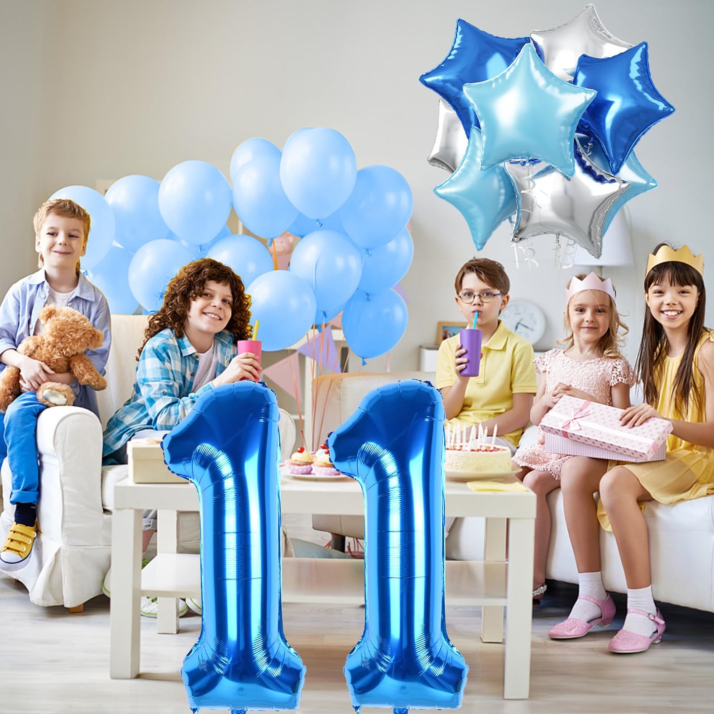 11Th Birthday Balloon For Boys, 40 Inch Balloon Number 11 Dark Blue, Large Star Foil Mylar Balloon Light Royal Blue Silver, Heli