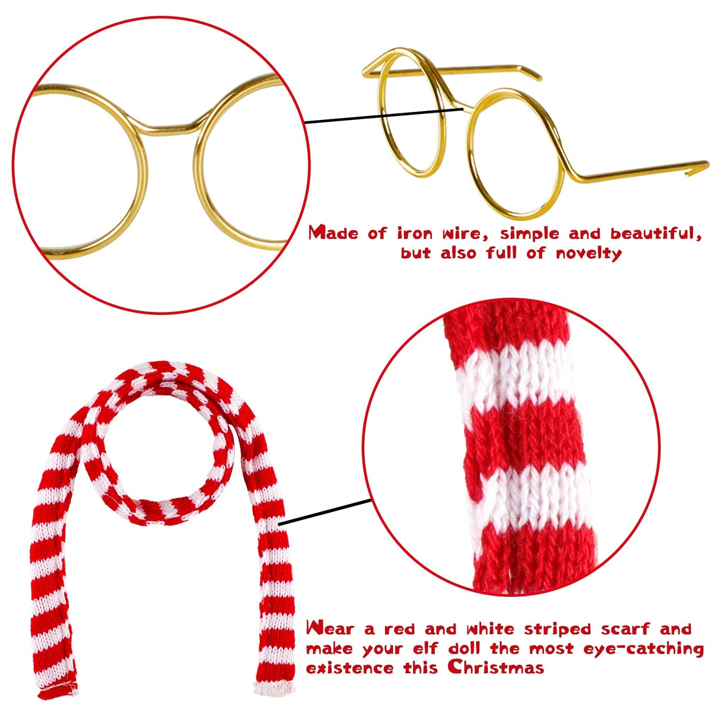 3 Pcs Christmas Couture Clothing Set Elf Doll Accessories Clothes Set Including Long Sleeved Shirt, Elf Glasses, Red And White Striped Scarf