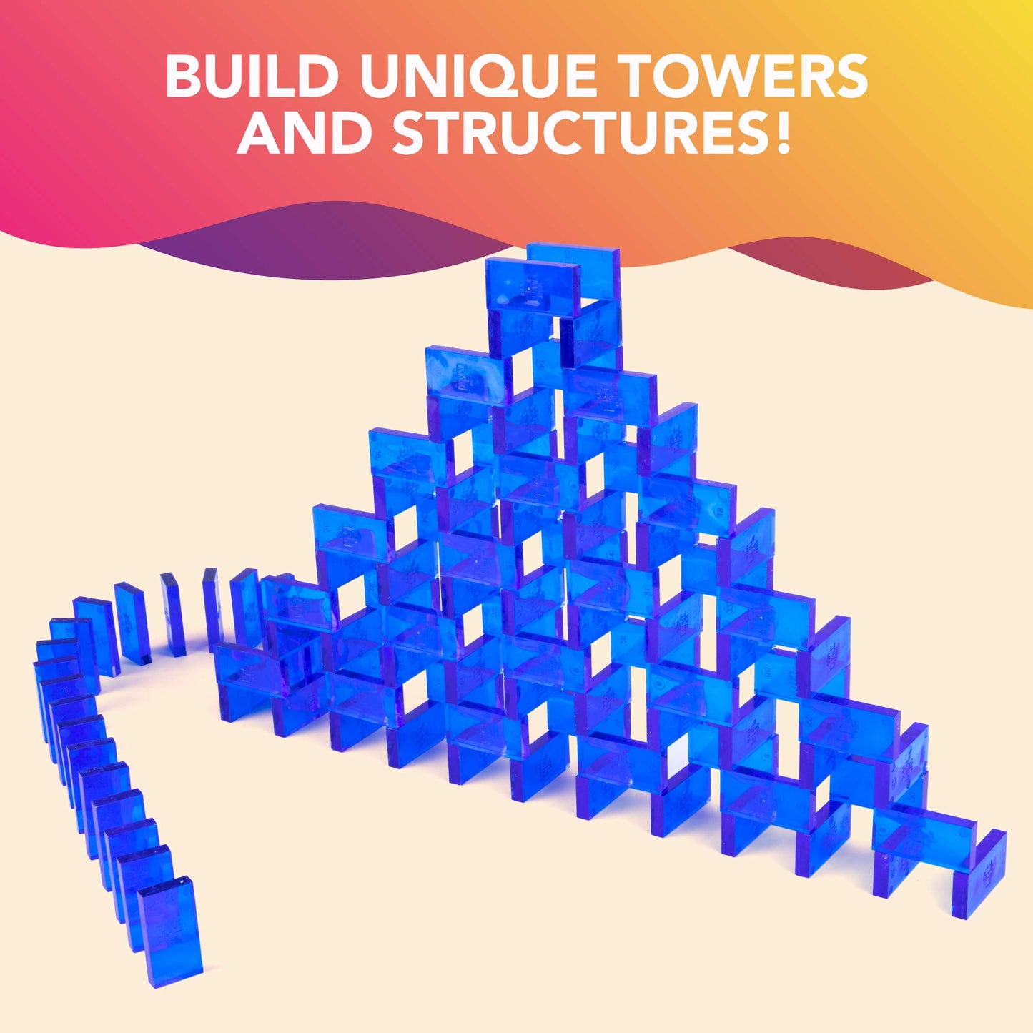 Bulk Dominoes Plastic Bulk 100pcs - Building and Stacking and Chain Reaction Toppling STEAM Toy Blocks for Kids (Clear Blue)