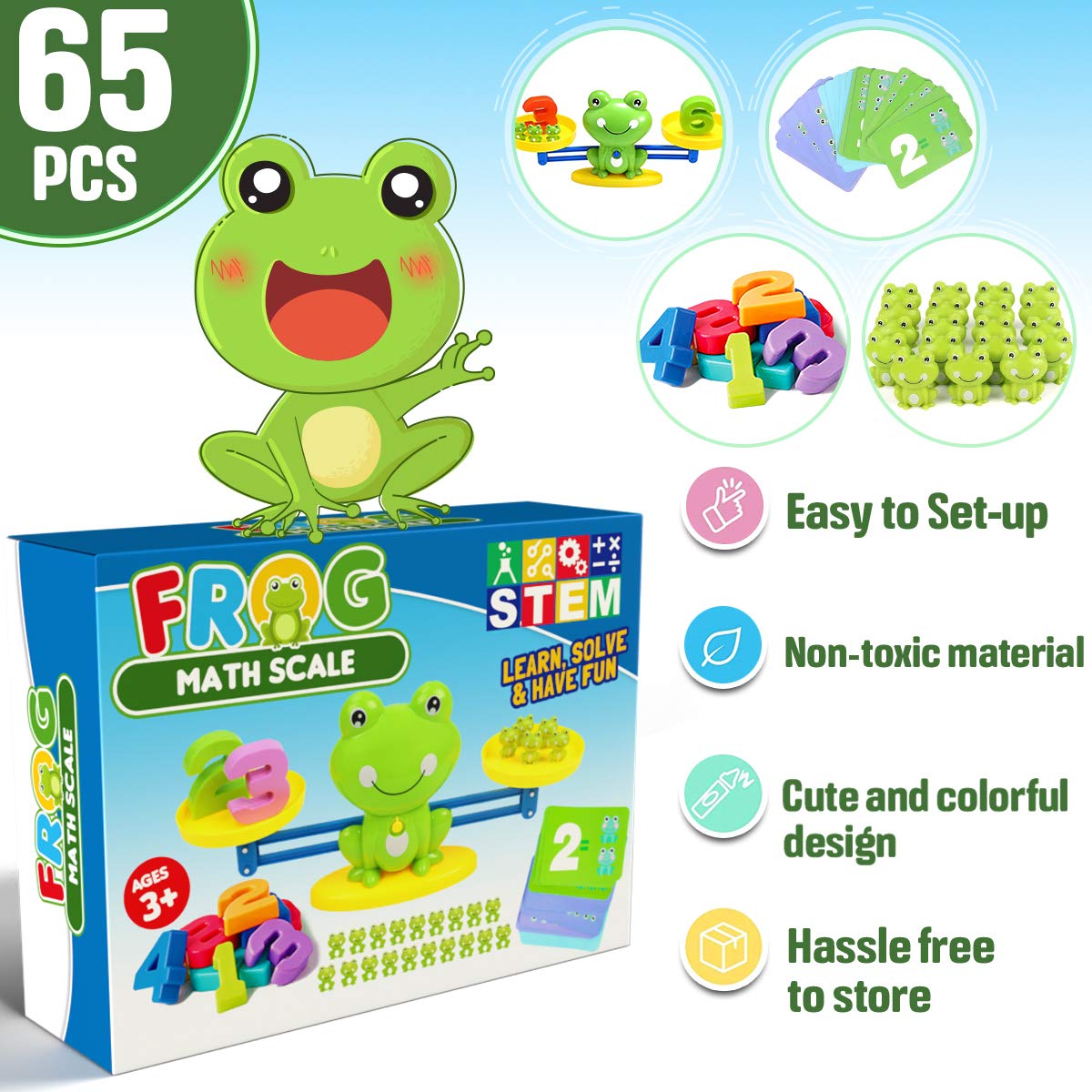 CozyBomB™ Homeschool Kindergarten Balance Board Game - Educational STEM Toy for Kids Ages 3-6, Green, Balancing Numbers with Frog Scale Cards