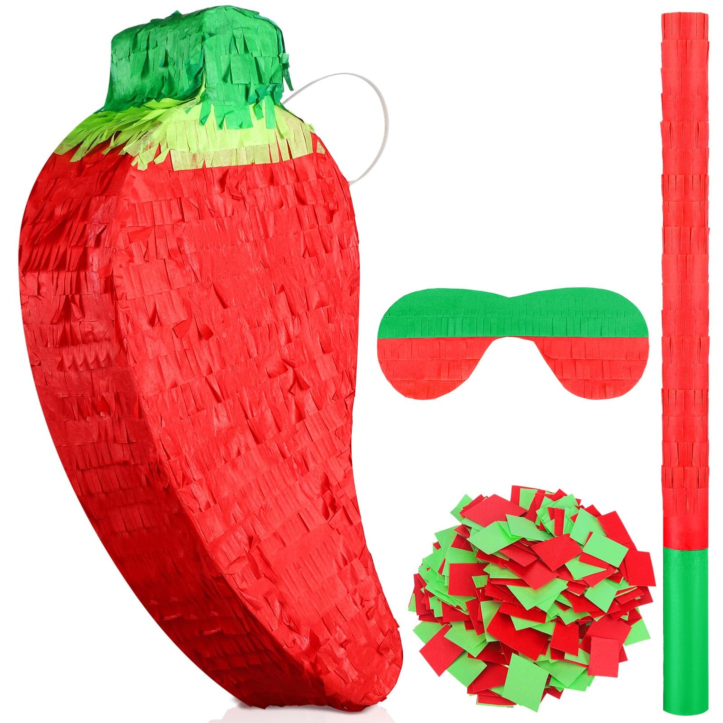 Meooeck Red Chili Pepper Piñata with Piñata Stick and Blindfold, Fiesta Piñata Funny Piñata for Hot Pepper Festival Chili Themed Birthday Party Supplies Decoration, 13.39 x 6.3 x 3 Inch -Like New