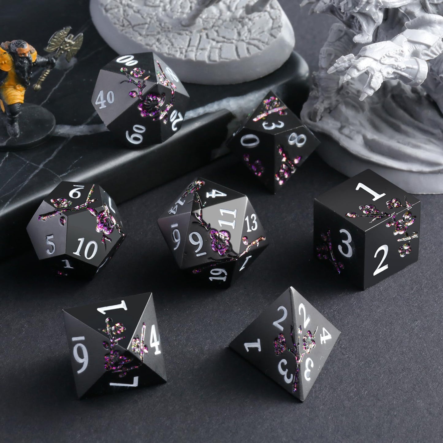 Glitter Purple Metal D&D Dice, DNDND 7 PCS Flower Metallic DND Dice Set with Grogeous Gift Case for Dungeons and Dragon Tabletop
