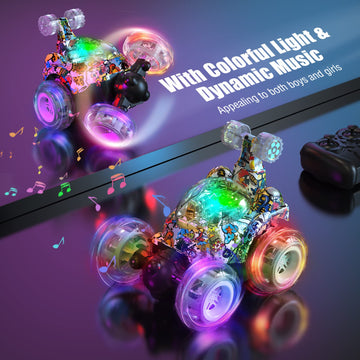 Kizeefun Remote Control Car for Kids RC Stunt Car Invincible 360Rolling Twister with Colorful Lights & Music Rechargeable Remote