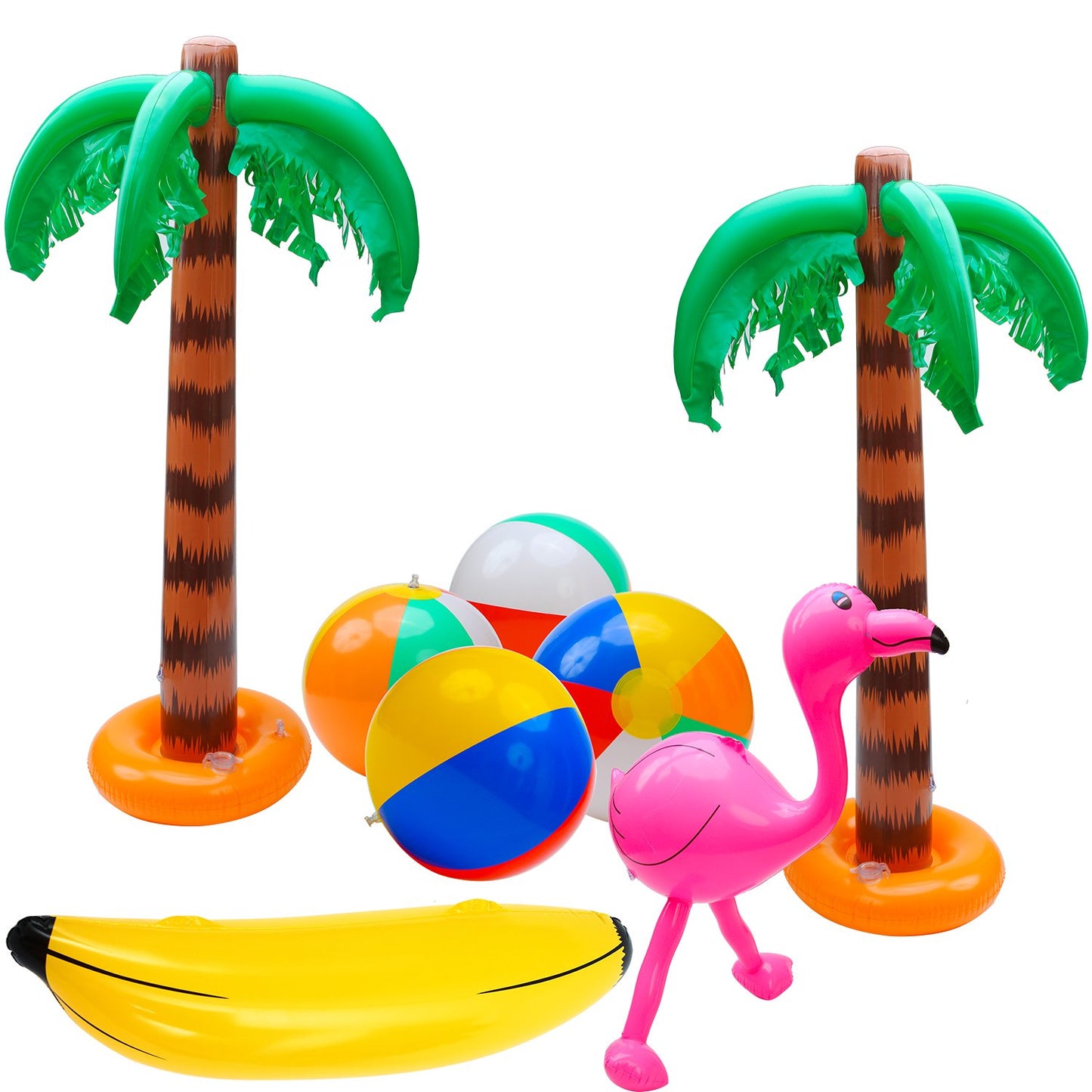 Elcoho 8 Pack Inflatable Luau Party Decorations Includes Inflatable Blow Up Palm Trees Banana Beach Balls Flamingo For Outdoor H