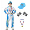 Treyrea Race Car Driver Costume Boys Racer Jumpsuit With Car Cap Kids Dress Up For Halloween (Blue, L(For Height 54''-57''))