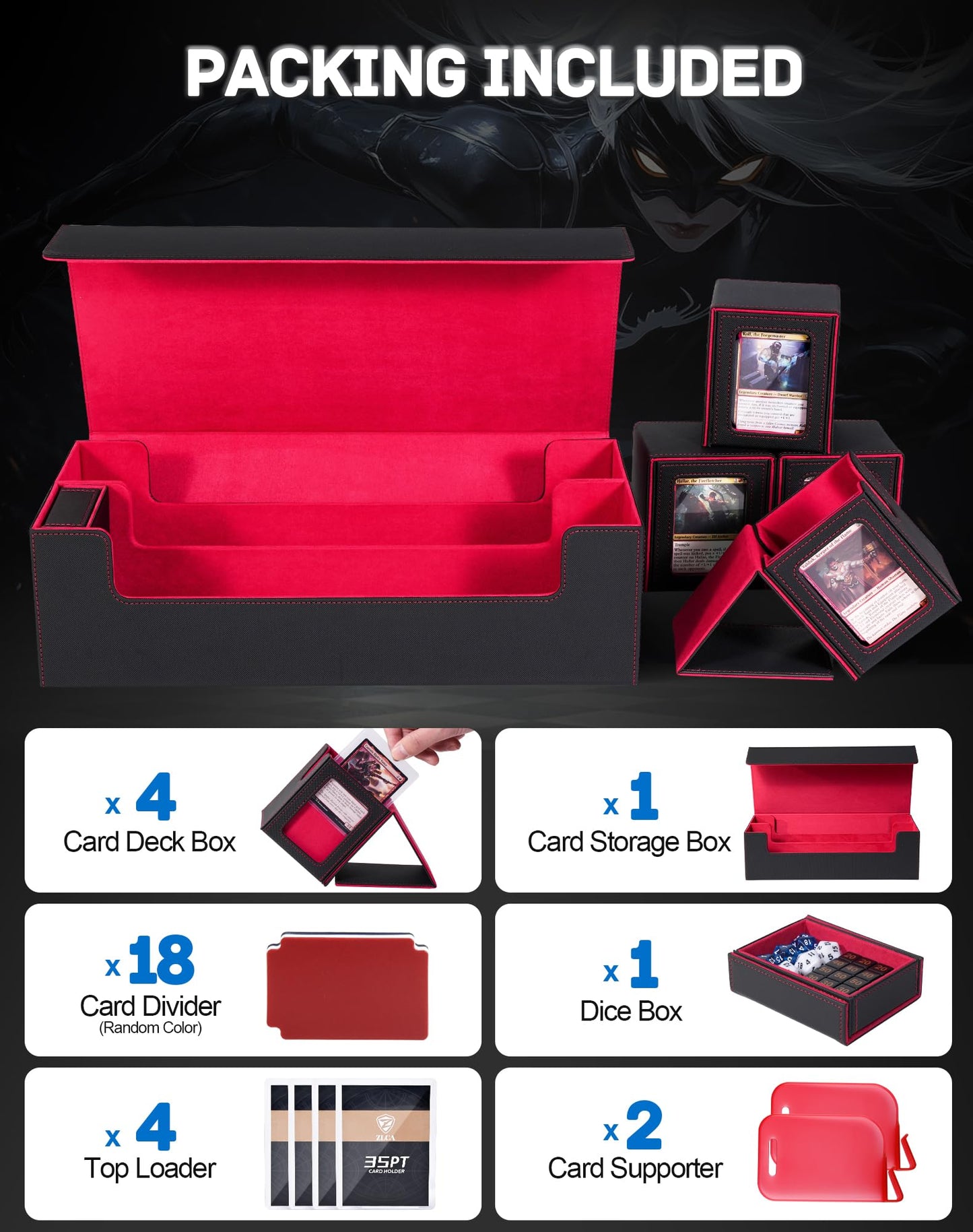 ZLCA MTG Card Storage Box 5-in-1, Large Black & Red Deck Case for TCG Magic Sports Game Cards