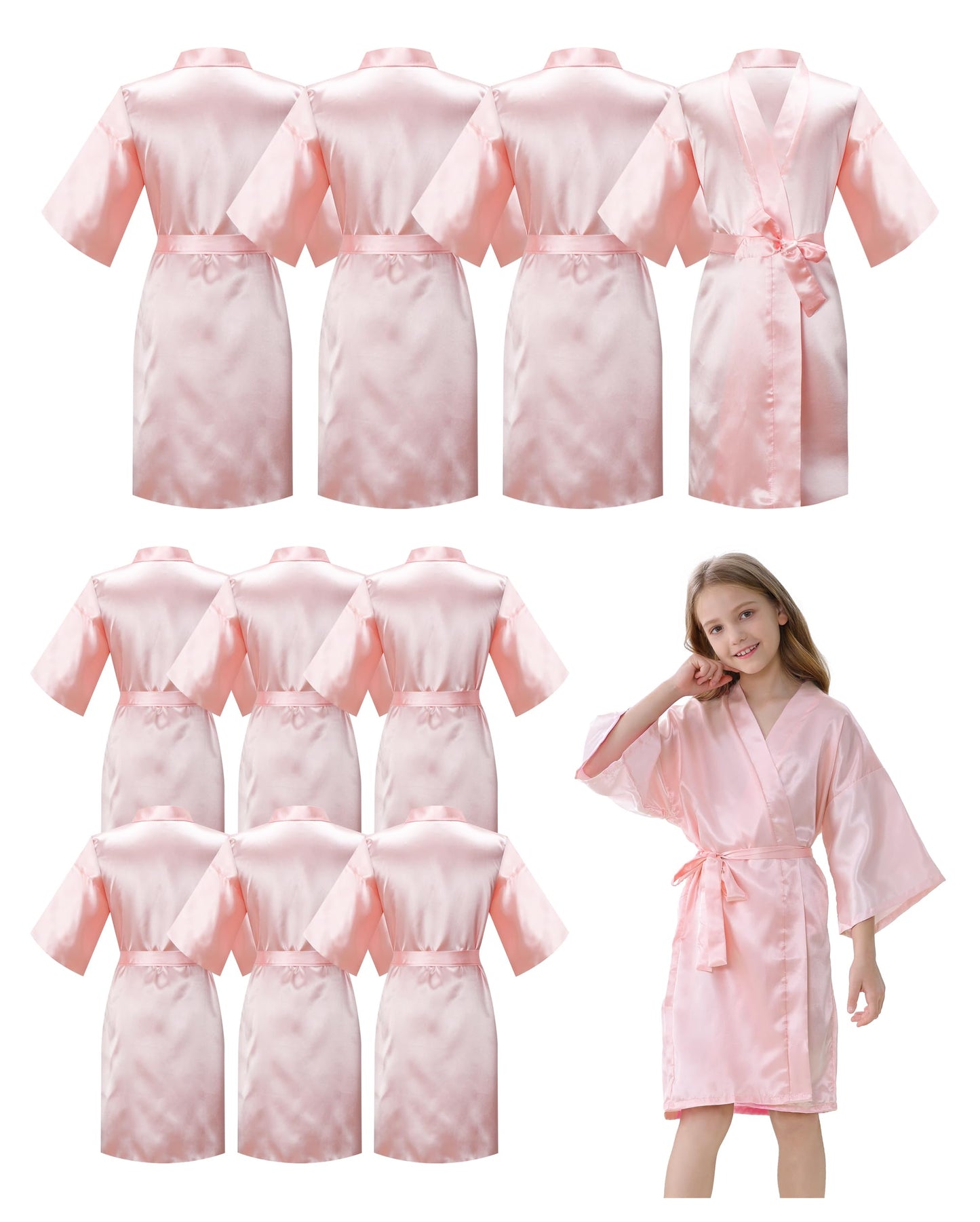 Ivrriss 10Pcs Kid Girls Spa Costume Party Robes Set Silky Plain Kimono Robes For Wedding Birthday(Light Pink,14)