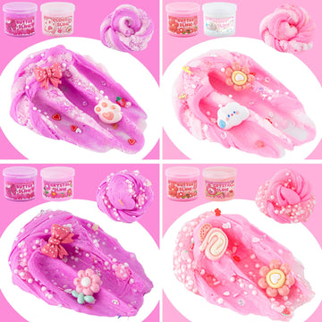 LAWOHO 6 Packs Gradient Pink Slime Kit - Non-Sticky Cloud, Butter & Clear Slime, Picnic Color, 360ml Kids Party Favors