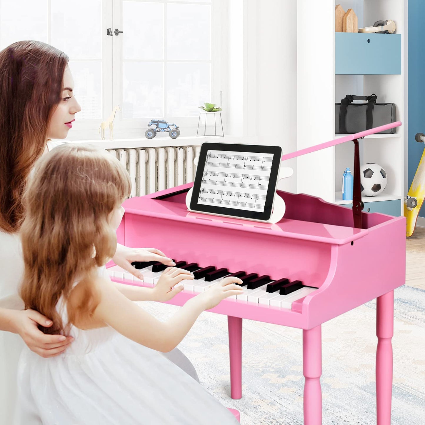 Goplus 30-Key Classical Kids Piano, Mini Grand Piano Wooden Learn-To-Play Musical Instrument Toy With Bench, Piano Lid, Music Rack, Gift For Boys Girls Aged 2+ Baby Tollder(4 Straight Leg-Pink)