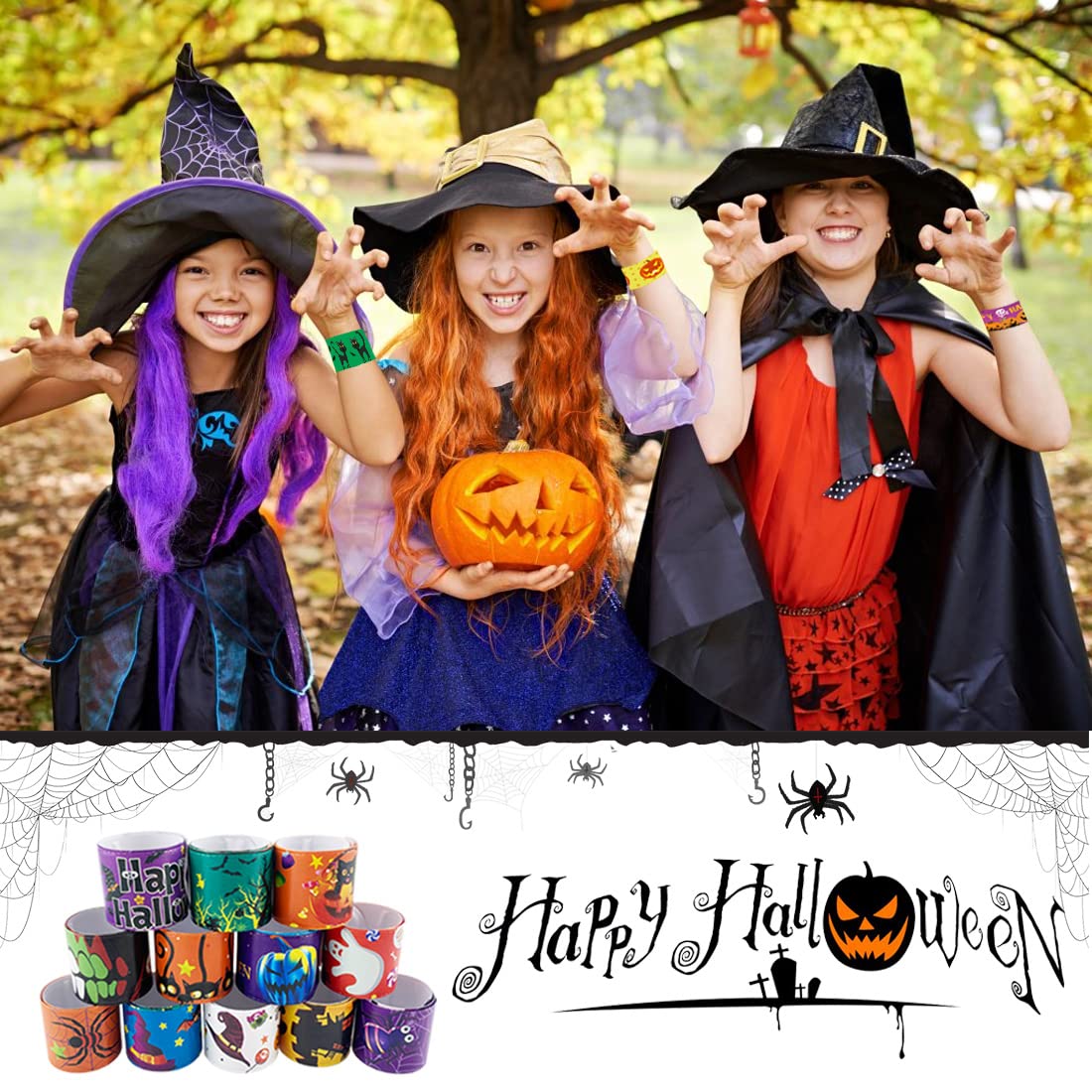 SUNPROUND Halloween Slap Bracelet,100Pcs Slap Bracelet Wristbands with Spider Pumpkin Ghost Zombie Bat Witches Design Snap Brace