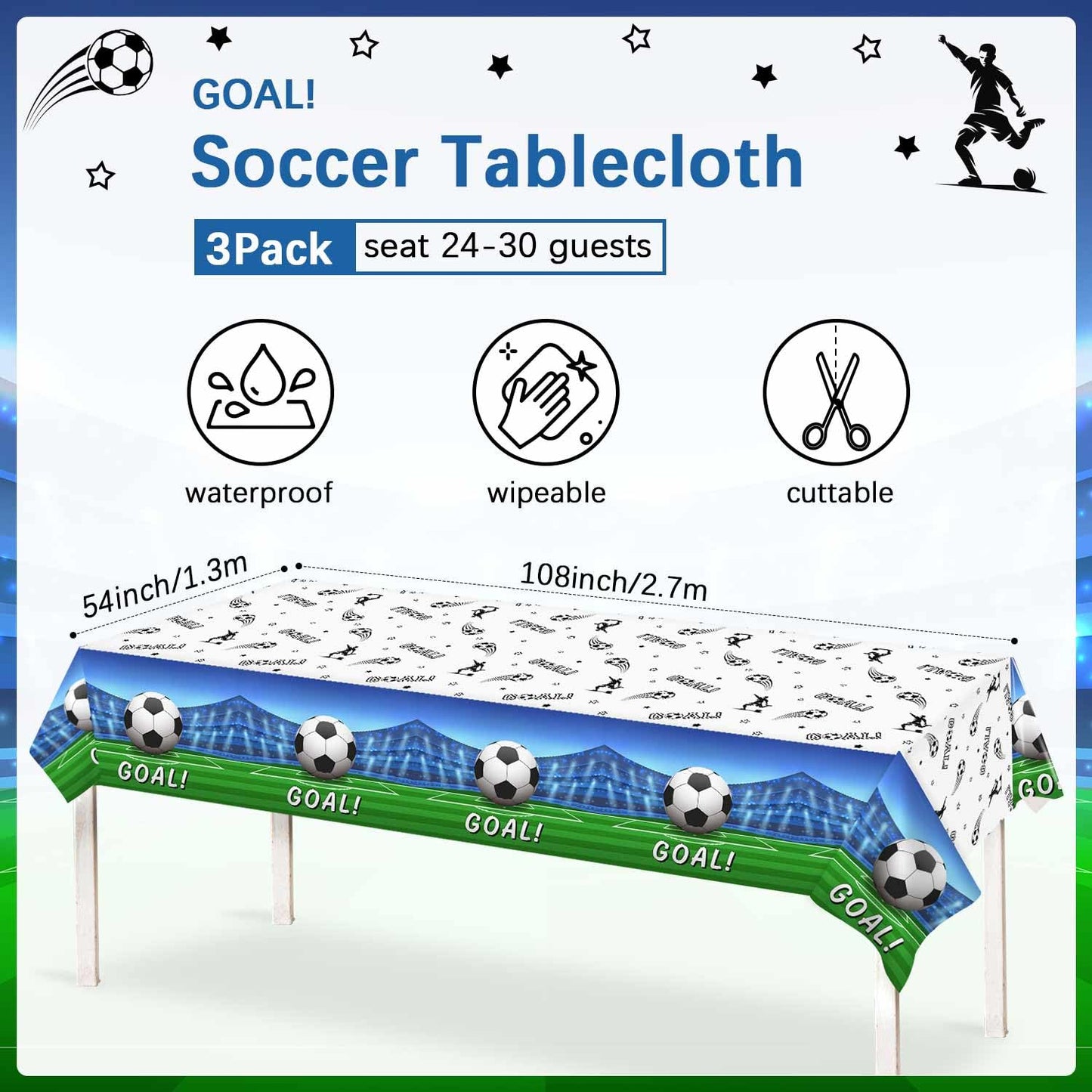 Heboland 3 Pieces Soccer Party Table Cloth,Large Size 54 x 108 Inch Rectangular Soccer Tablecloth Plastic Table Cover for Men Bo