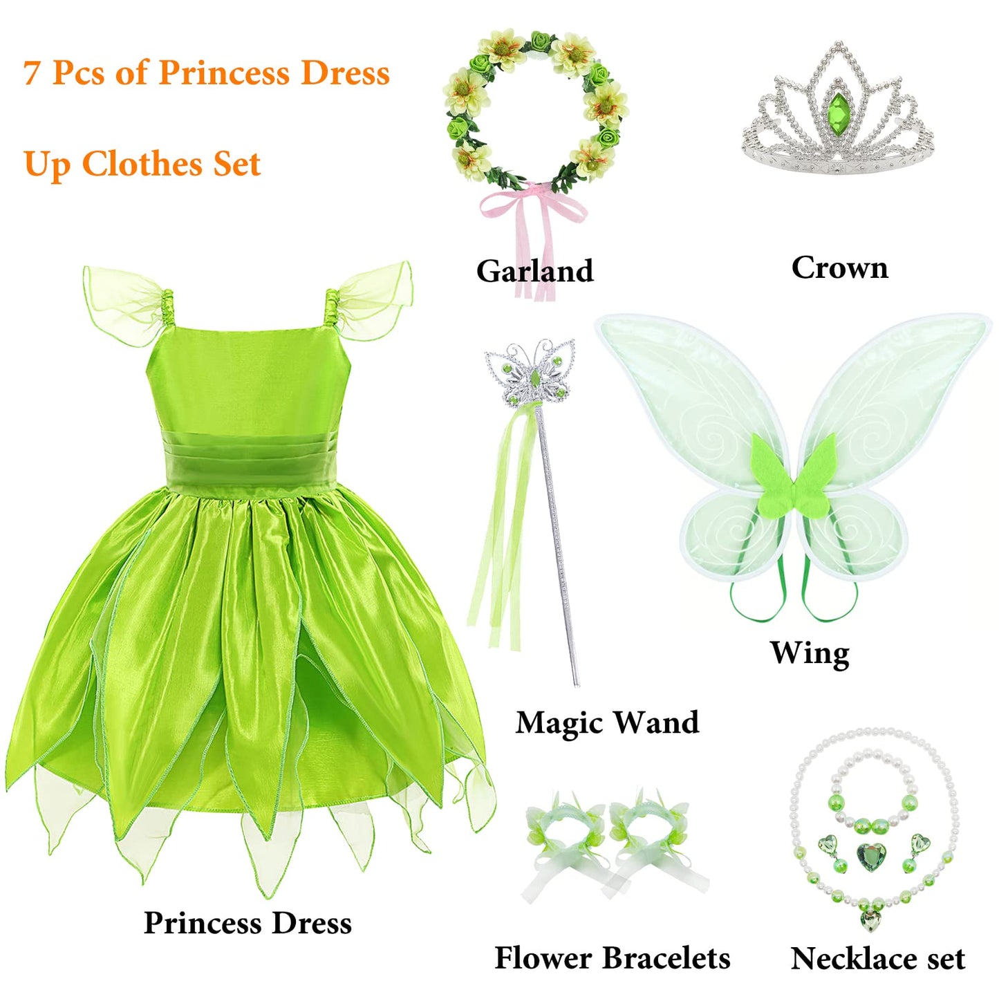 Green Fairy Princess Dresses For Girls Tinker Bell Halloween Costume Cosplay Dress Up With Wing & Accessories,3T(Small Size)