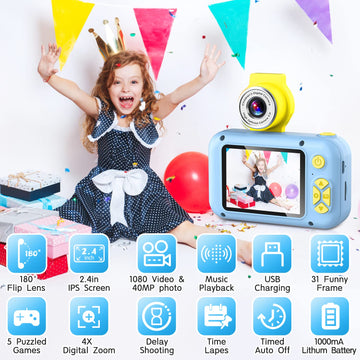 ARNSSIEN Kid Camera, 2.4in IPS Screen, 180° Flip Lens, Ultra-Compact, Blue, Model X101, Perfect Gift for Ages 4-11