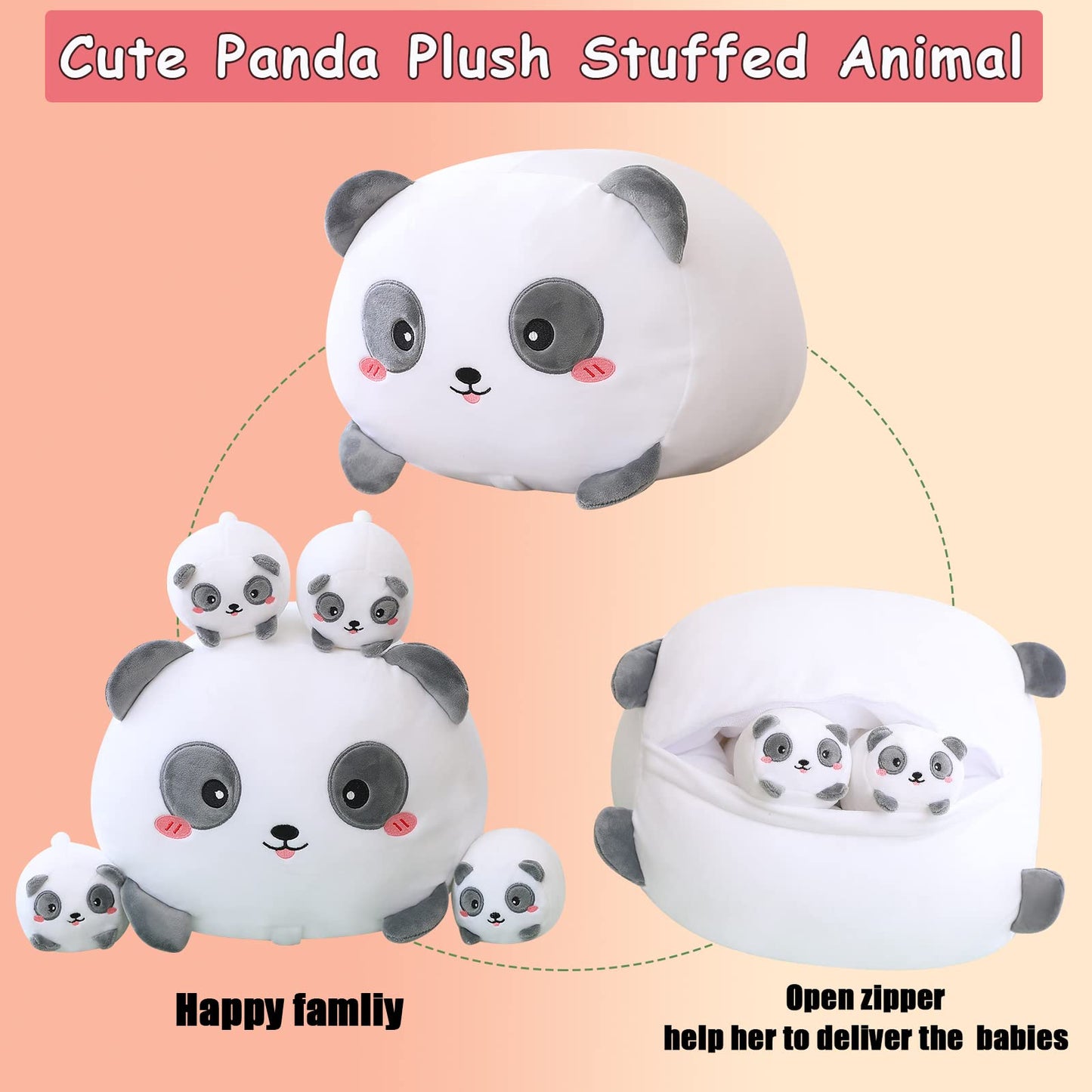 Sqeqe Panda Mommy Stuffed Animal With 4 Baby Pandas, Super Soft Cartoon Hugging Toy Gifts For Girls Boys Birthday