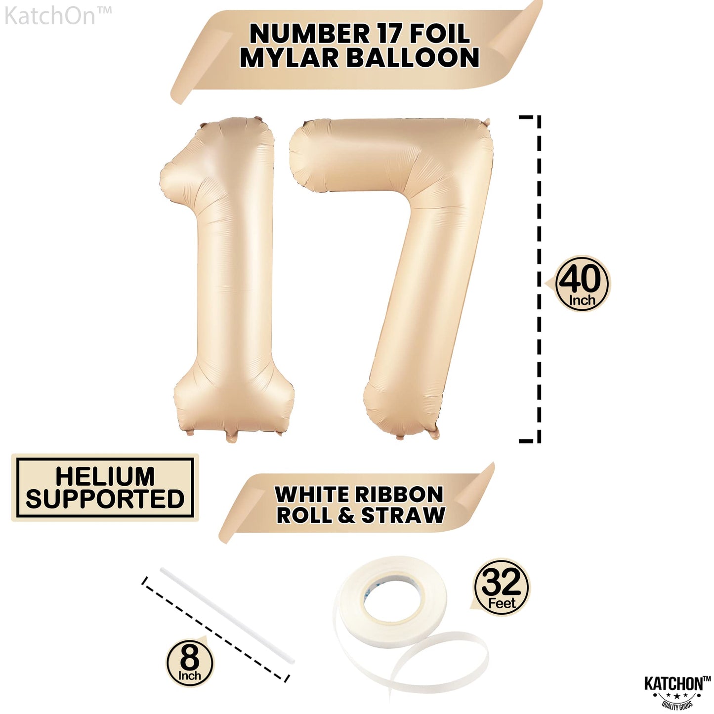 Katchon, Giant Beige Caramel 17 Balloon Numbers - 40 Inch | Happy 17Th Birthday Decorations, 17 Birthday Balloons | Number 17 Balloons For Happy Birthday Decorations | 17 Number Balloons