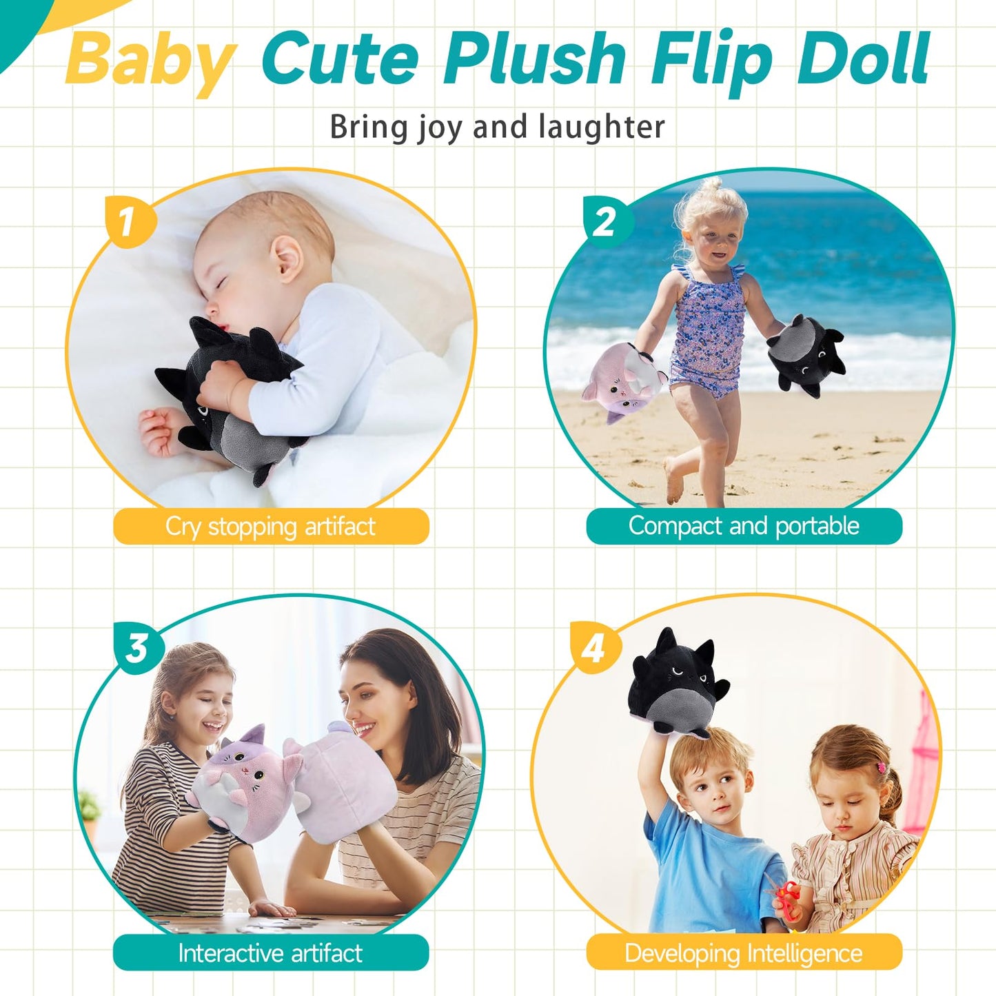 Double-Sided Flip Plush Toy,Reversible Stuffed Animal Mood Plush Flip Show Your Mood At All Times (Cat)