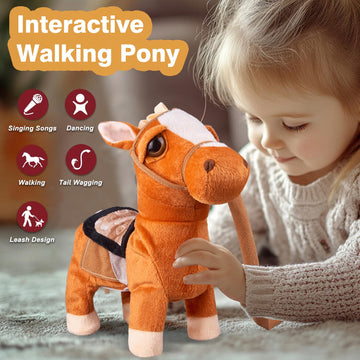 Marsjoy Interactive Plush Walking Pony Toy - Musical, Dancing, Brown, 11.81" for Kids Ages 3+