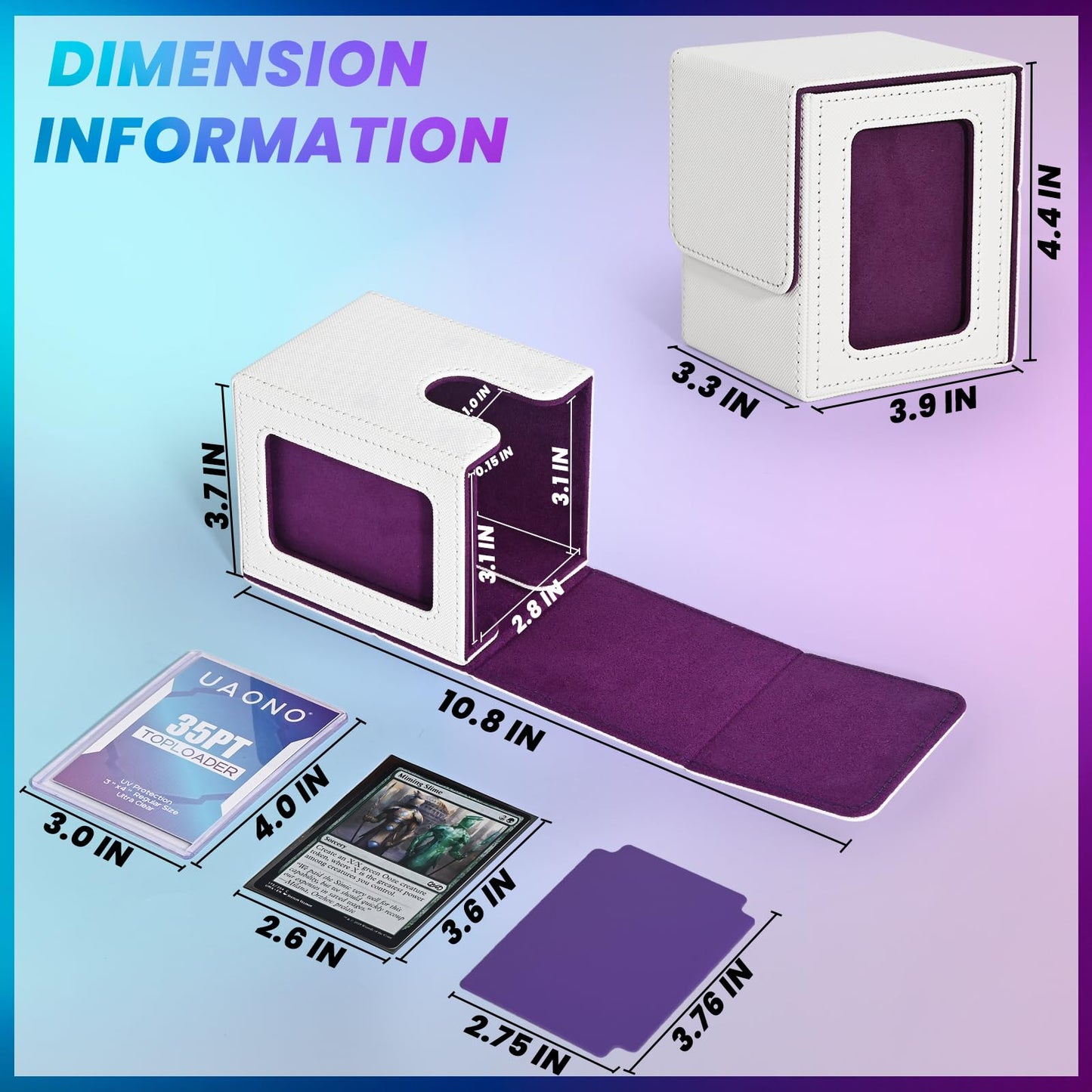 Uaono Card Deck Box With Mtg Commander Display, Deck Case Holds 100+ Double-Sleeved Cards, Trading Card Storage Box Fits Tcg/Ptcg/Sports Card With 2 Dividers, 1 Toploader (White, Purple)