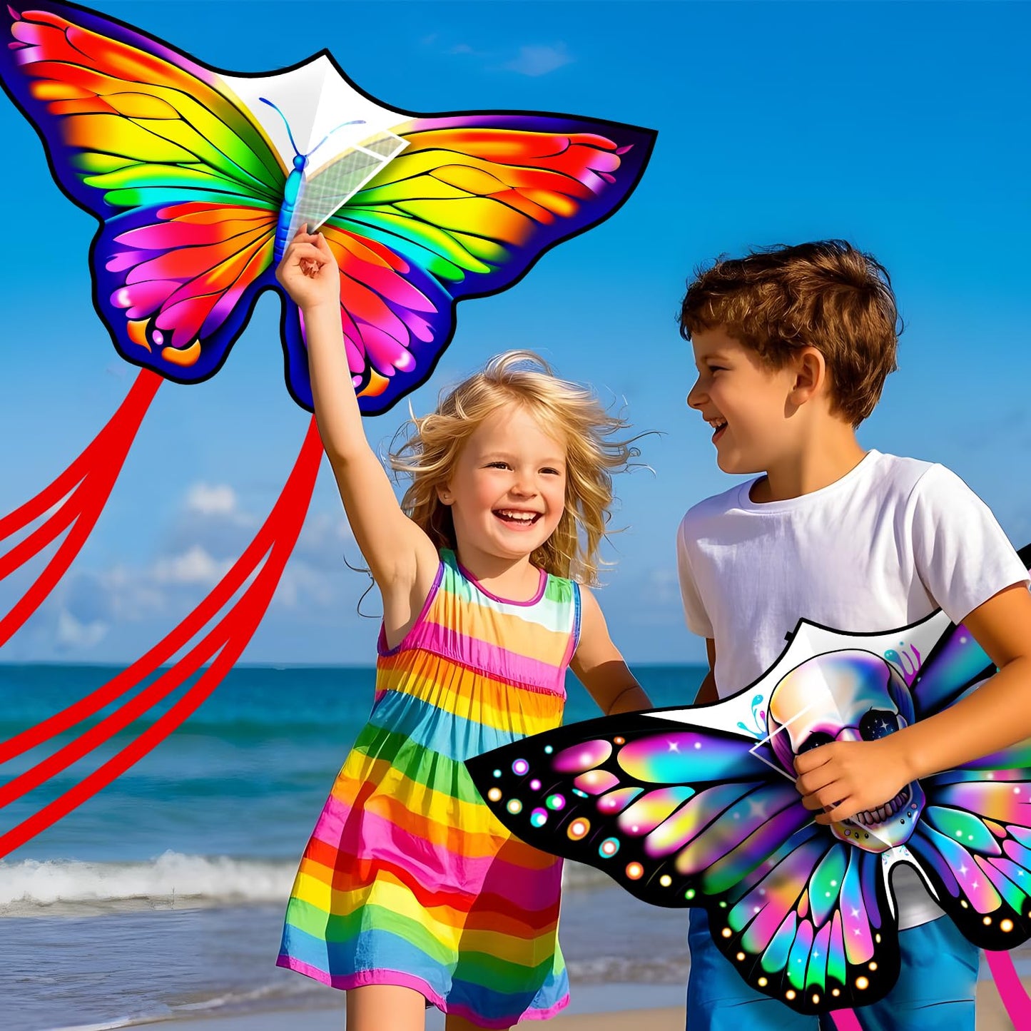 2 Pack Kids Kites - Small Butterfly & Skull Designs, Easy To Fly Kites For Ages 8-12, Beach & Park Outdoor Activities, Perfect E