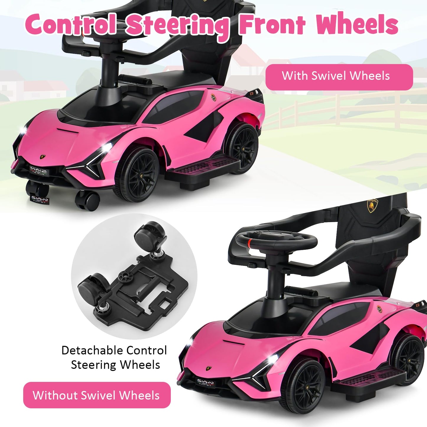 Infans 3 In 1 Ride On Push Car, Licensed Lamborghini Baby Stroller Sliding Walking Car With Parent Control Handle, Music, Headlight, Under Seat Storage, Kids Foot-To-Floor Toy For 18-60 Months (Pink)