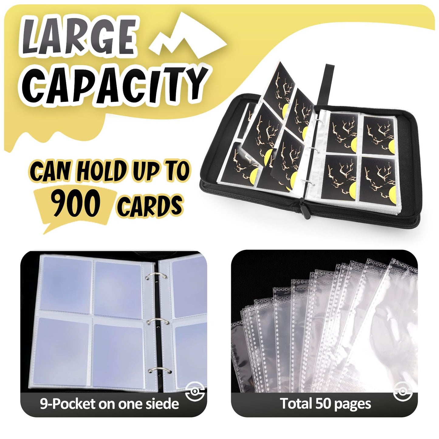 Goroma Card Binder 9-Pockets, 900 Pockets Card Holder With 50 Removable Sleeves, Trading Card Collector Zipper Album Holder, Bla