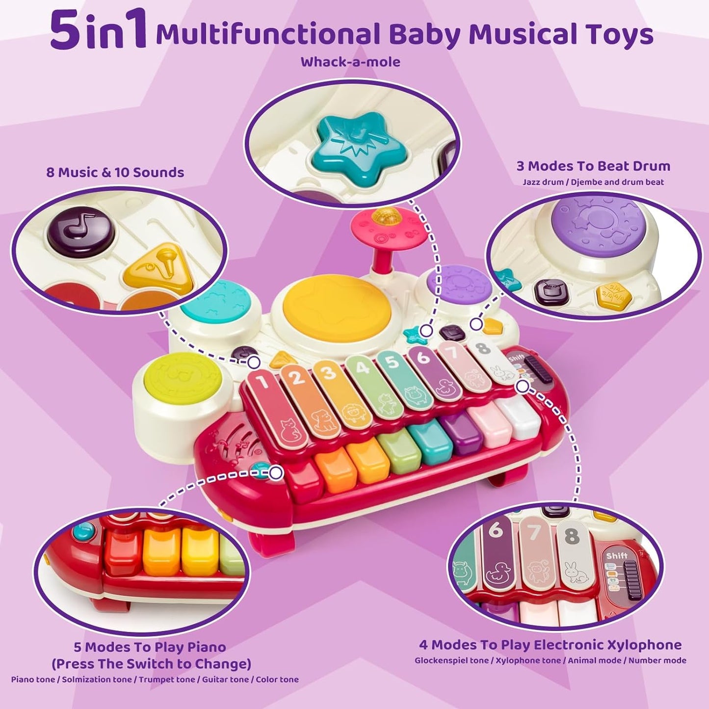 Marstone Baby Toys For 1 Year Old Birthday Gift, 5 In 1 Musical Toys For Toddler 1-2 With Piano, Xylophone, Whack A Mole, Drum S