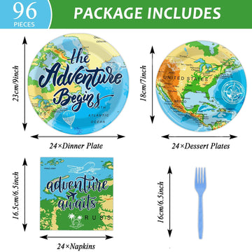Wiooffen 96 Pcs Adventure Awaits Party Supplies Travel Map Party Plates Napkins Forks For Birthday Retirement Going Away Bon Voy
