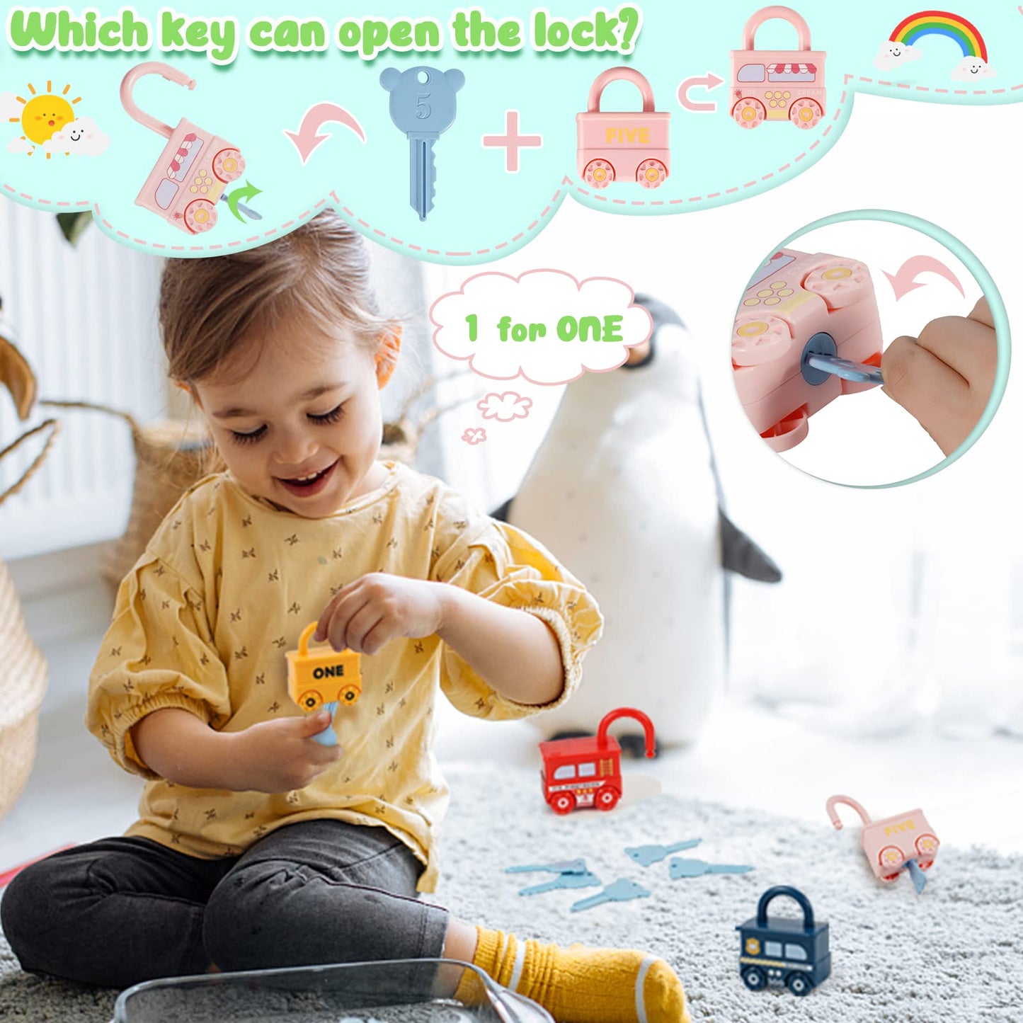 Kizmyee Montessori Lock And Key Car Toys, Sensory Matching & Sorting Early Learning Toy With Number For Preschool Children, Boys And Girls 18+ Months Old