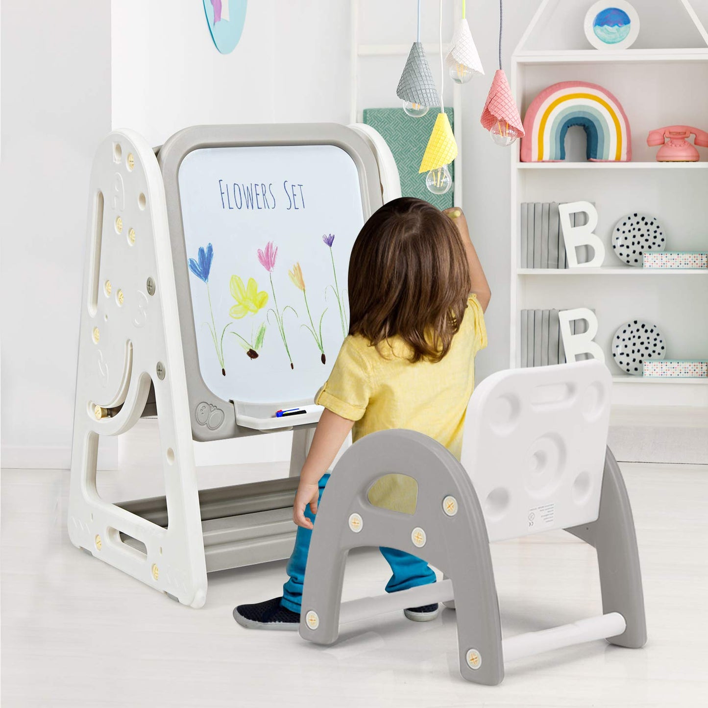 Costzon Kids Art Easel With Stool, 3 In 1 Double-Sided Children Magnetic Dry Erase Board & Book Rack With Foldable Desktop, Adjustable Toddler Table And Chair Set With Magnets (Gray)